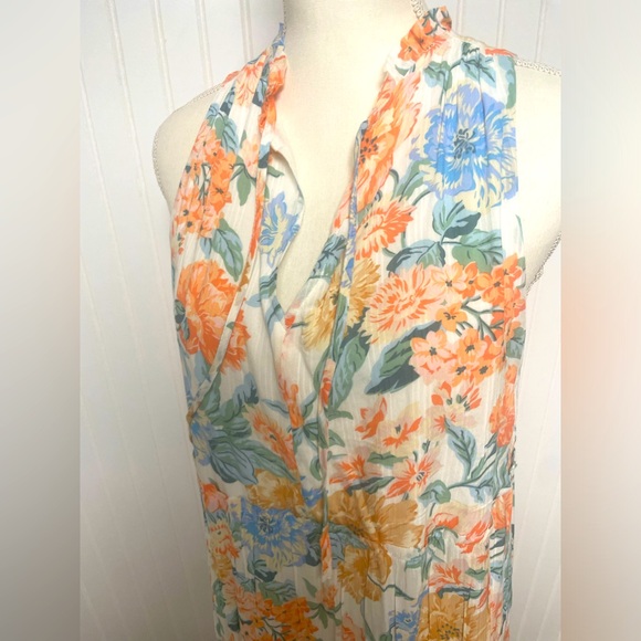 LOFT Sleeveless Peach Floral Tiered  Midi Dress Womens Medium Petite - Picture 7 of 9